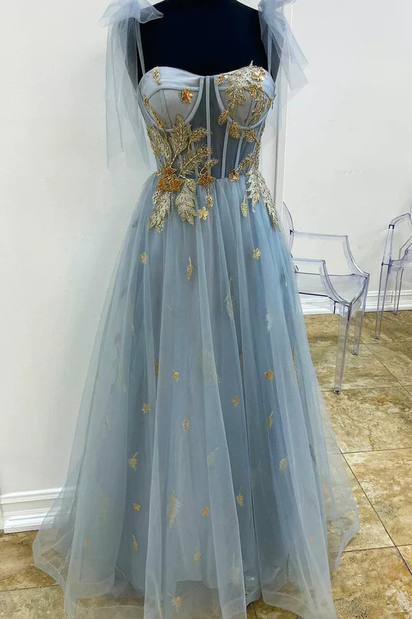 Wholesale Gray Tulle Lace Long Prom Dress A-Line Spaghetti Straps Evening Dress